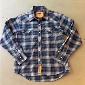 Larry Mahan Navy and Light Blue Plaid Western Snap Shirt